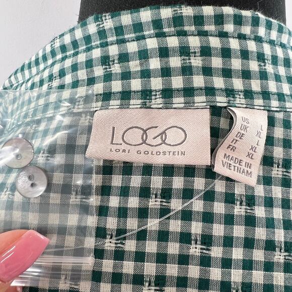 LOGO by Lori Goldstein Green White Gingham Stripe Ruffle Hem Button-Down Shirt L - Picture 5 of 6